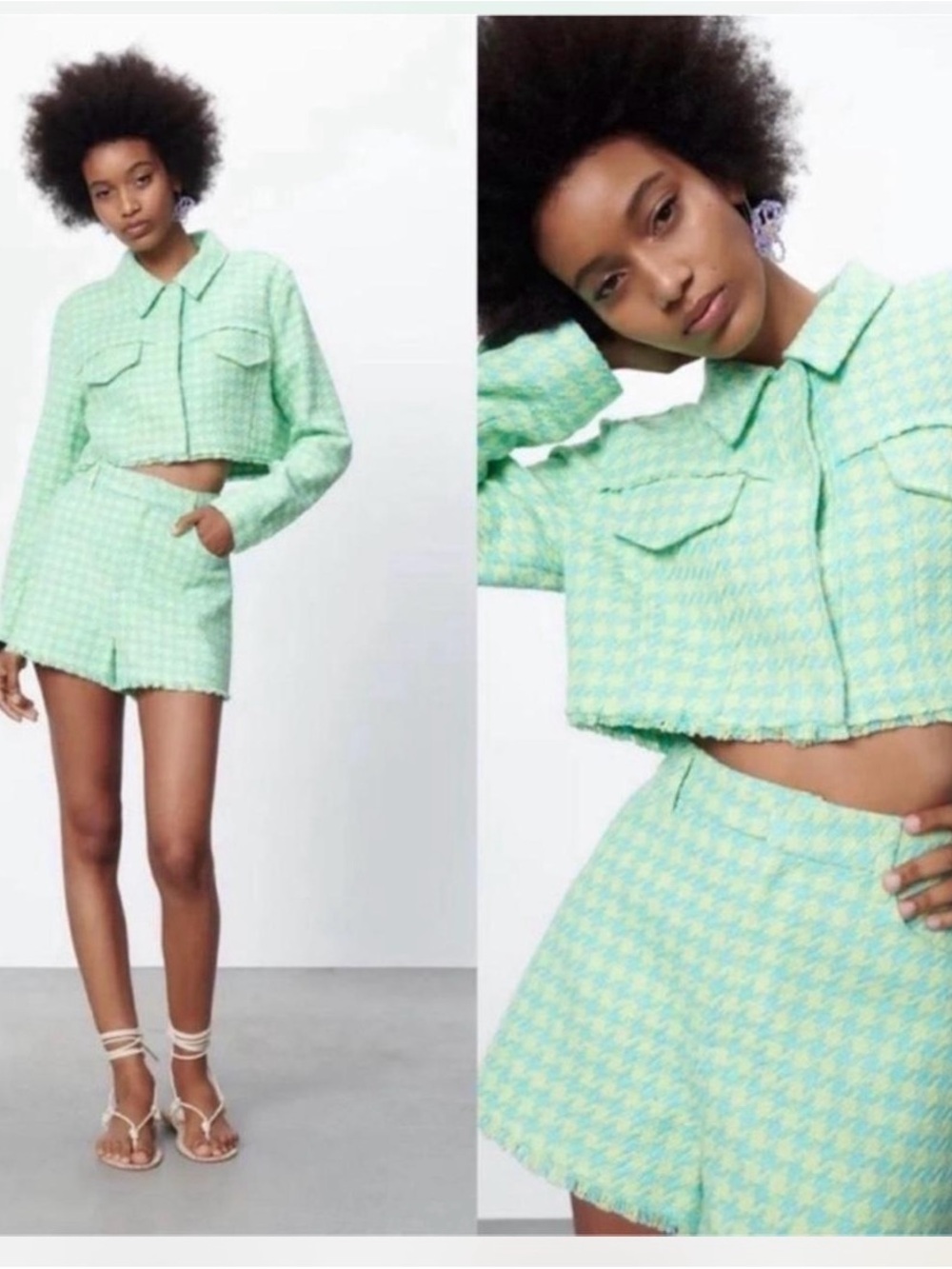 Zara Mint Green Houndstooth Cropped Blazer
